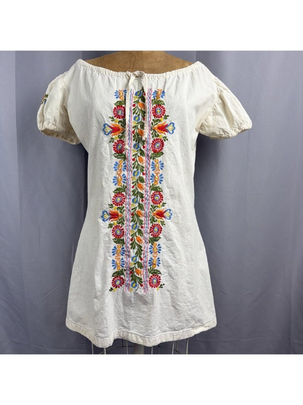 Vintage 70s Cotton Muslin Flower Embroidered Tunic Top Mini Dress Hippy Boho